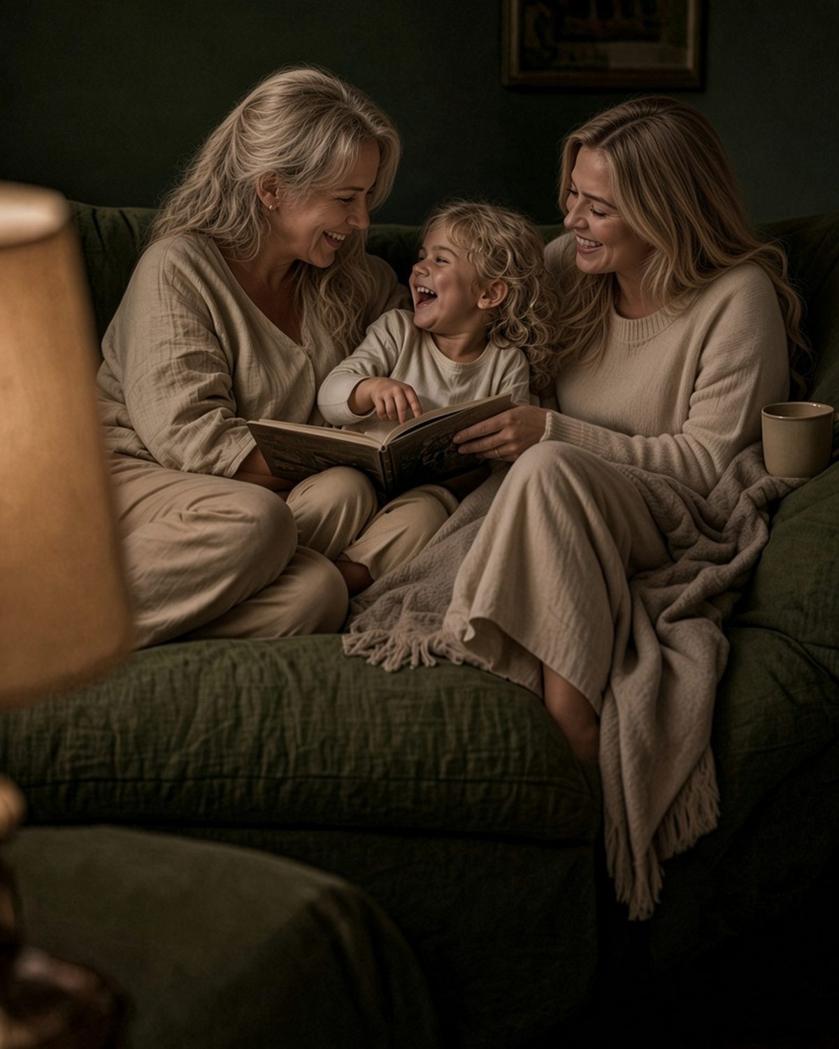 A grandmother, a mother and a young child laughing together over a picture book on a green sofa in soft lamplight