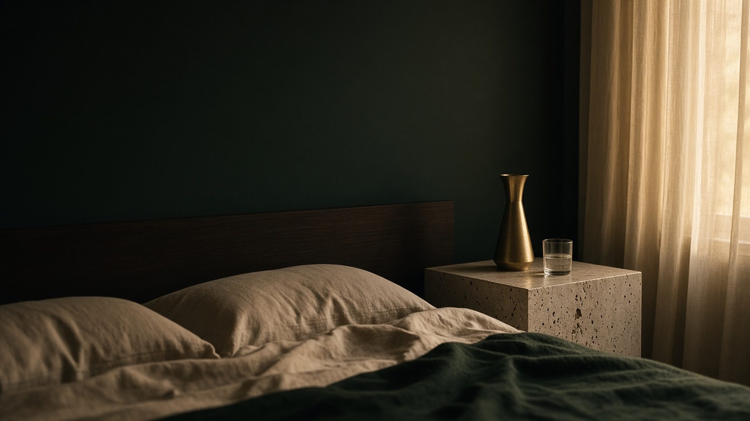A softly lit bedroom at dawn with rumpled linen bedding, a brass carafe and a glass of water on a travertine bedside table