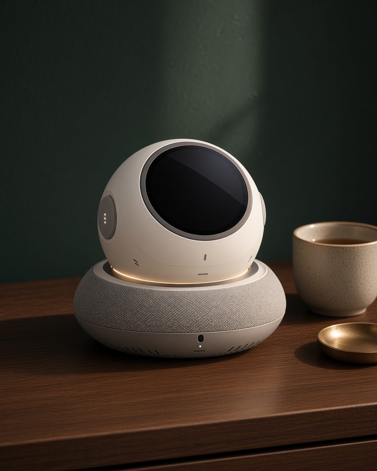 Lonvi Companion: a cream 10cm sphere sleep companion with black glass face, grey fabric base and warm amber underglow, on a dark walnut bedside table beside a glass of water