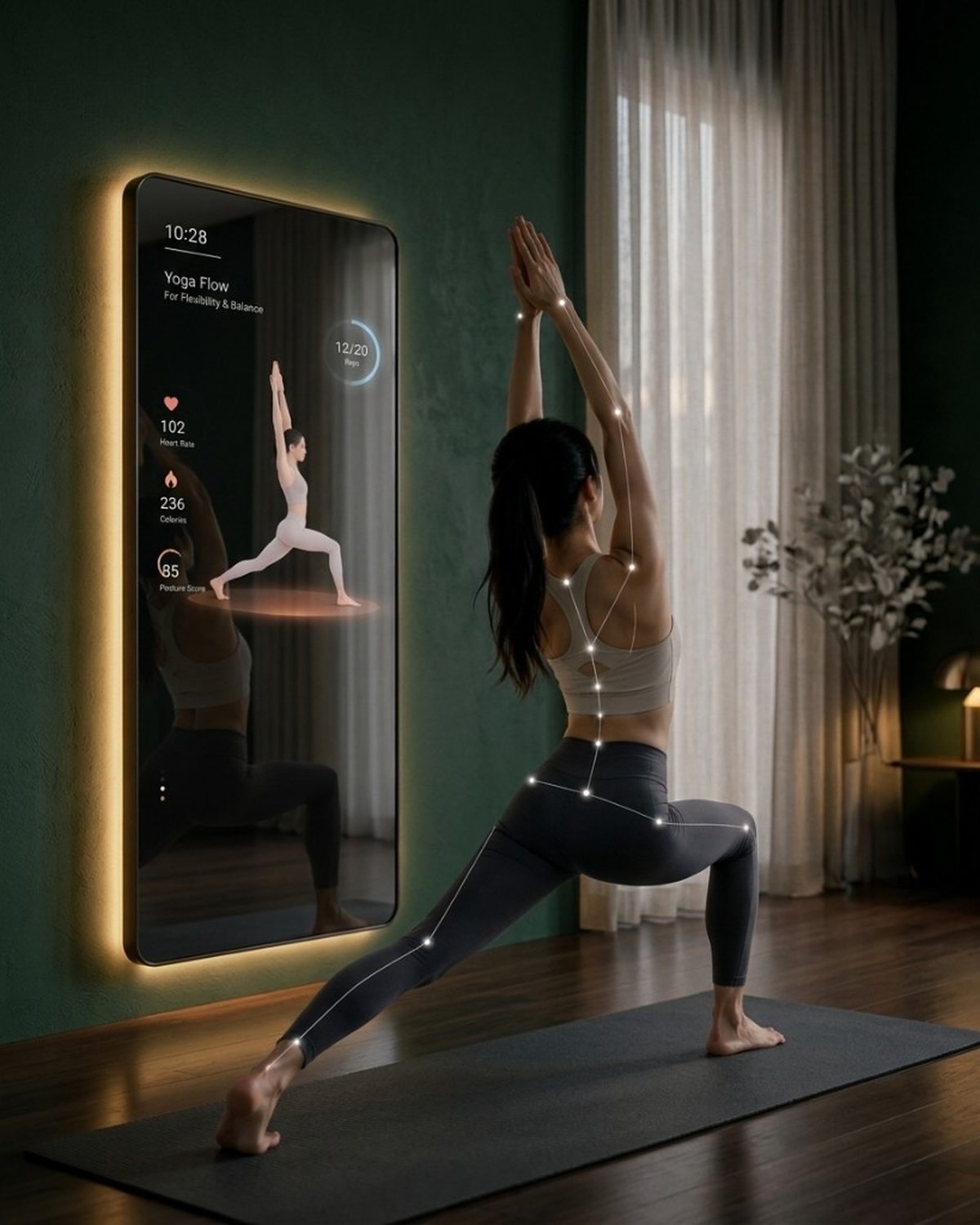 Lonvi Mirror: a tall smart fitness mirror with warm edge glow showing a yoga session UI, while a woman holds a lunge with posture-tracking overlay in a deep-green walnut room