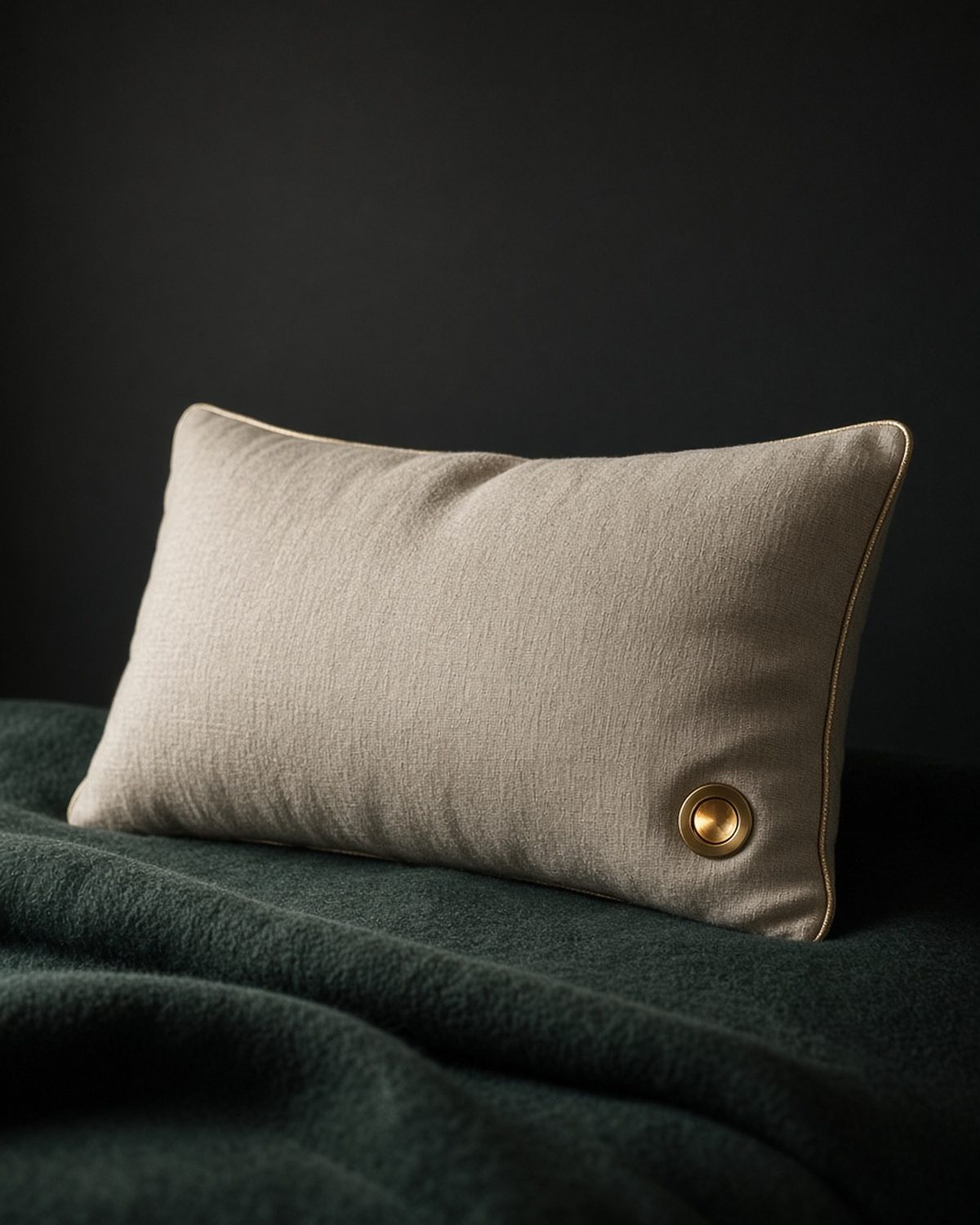 Lonvi Pillow: an oatmeal linen smart sleep pillow with champagne-gold piping and a brushed-brass sensor, resting on dark green bedding