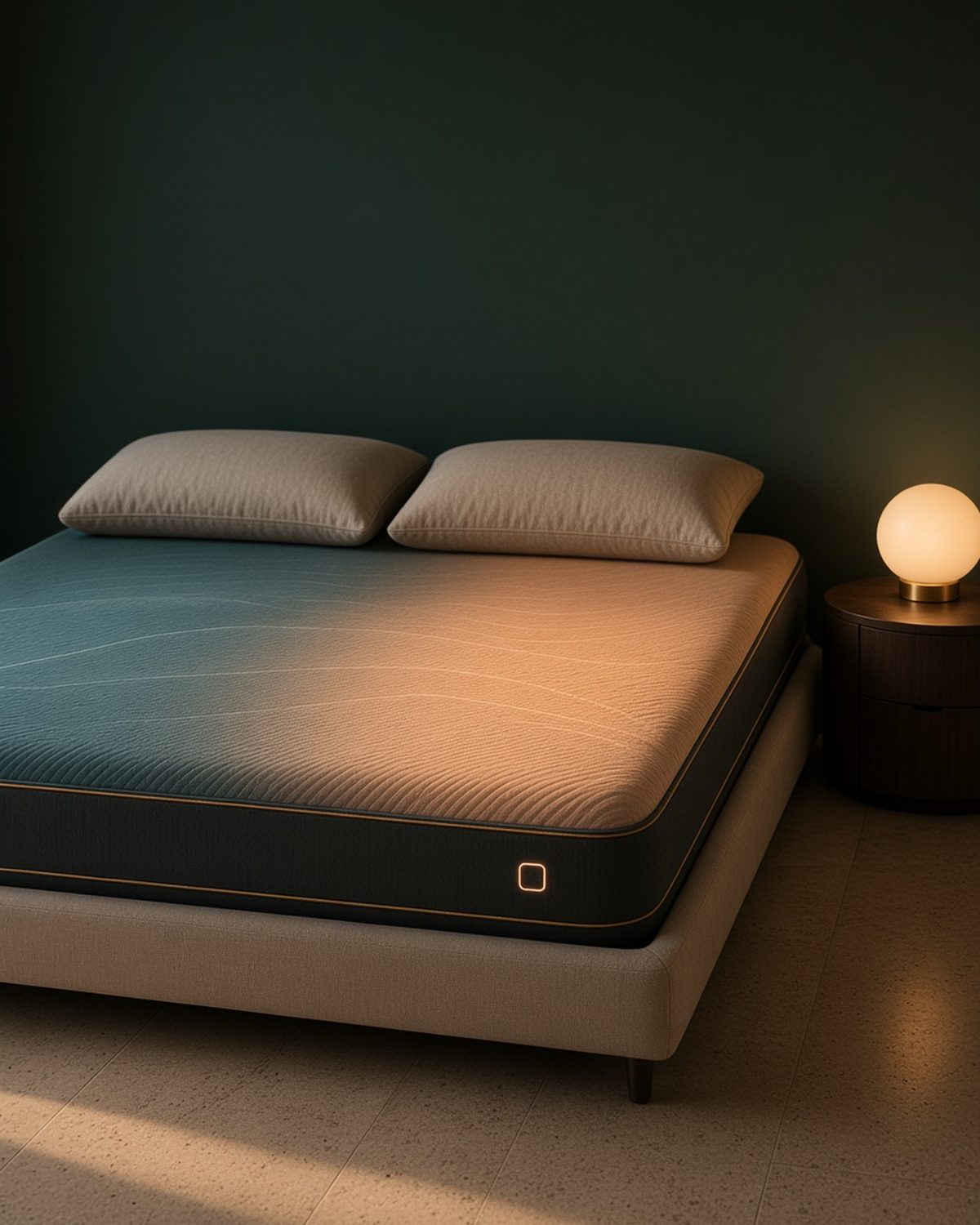 Lonvi Pod: dual-zone climate mattress cover glowing cool teal and warm amber in a calm deep-green bedroom with walnut nightstands