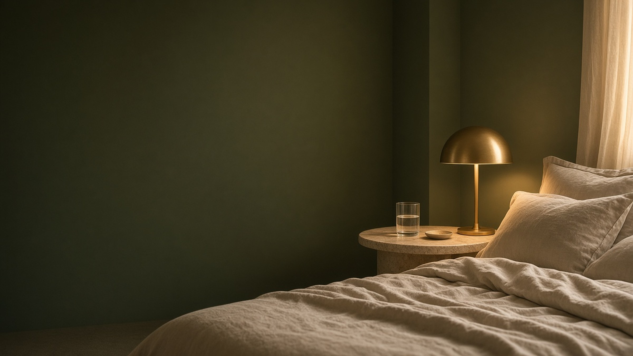 A calm dark-green bedroom at dawn with soft lamp light and linen